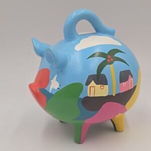 Vintage Yucatan Hand Painted Piggy Bank, Mexican, Signed Colorful Folk Art